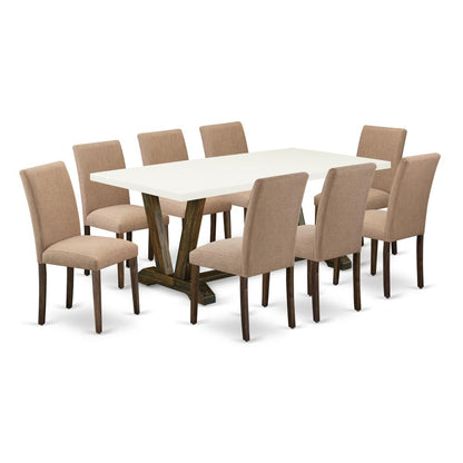 East West Furniture 9-Pc Dining Set Includes 8 Dining Chairs with Upholstered Seat and High Back and a Rectangular Dining Table - Distressed Jacobean Finish