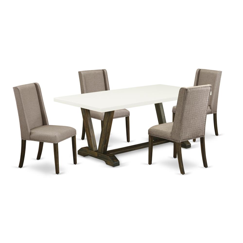 East West Furniture 5-Pc Dining Table Set Included 4 Dining chairs Upholstered Seat and Stylish Chair Back and Rectangular Dinette Table with Linen White Dinette Table Top - Distressed Jacobean Finish