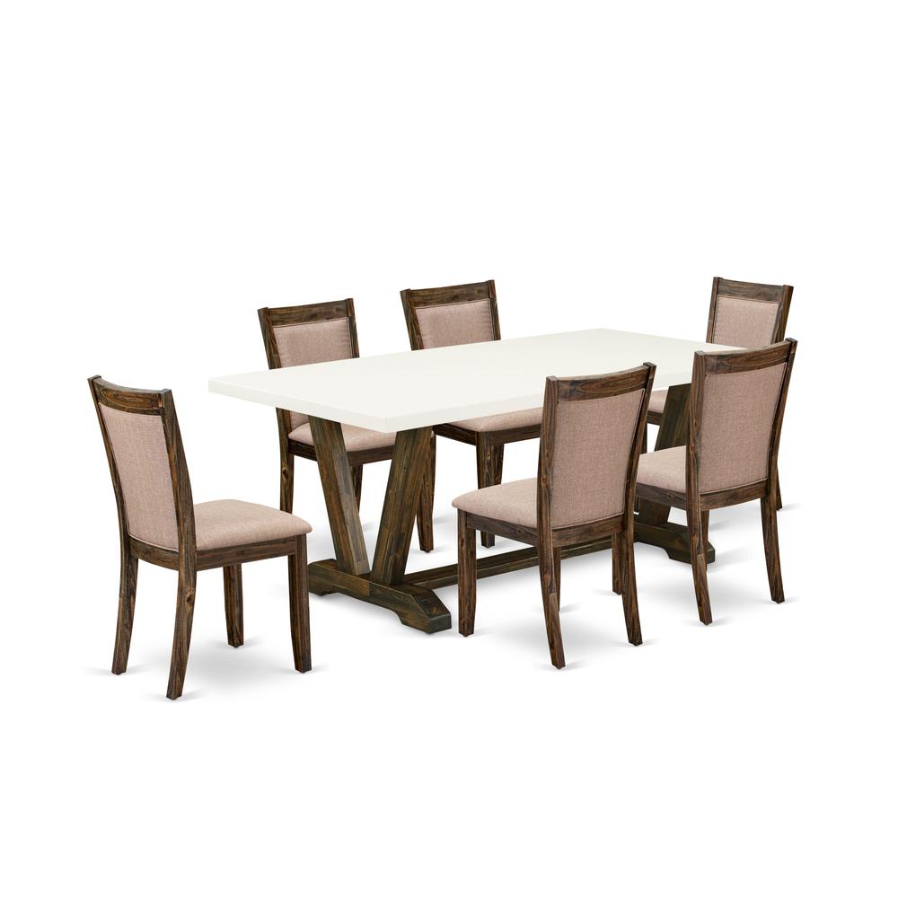 V727MZ716-7 7 Piece Dinning Table Set - A Wooden Dining Table with Trestle Base and 6 Dining Chairs - Distressed Jacobean Finish