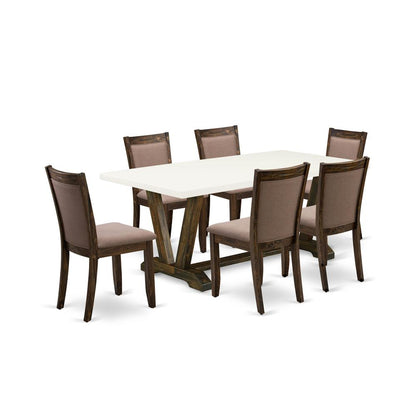 V727MZ748-7 7 Pc Modern Dining Set - A Kitchen Table with Trestle Base and 6 Coffee Dinning Chairs - Distressed Jacobean Finish