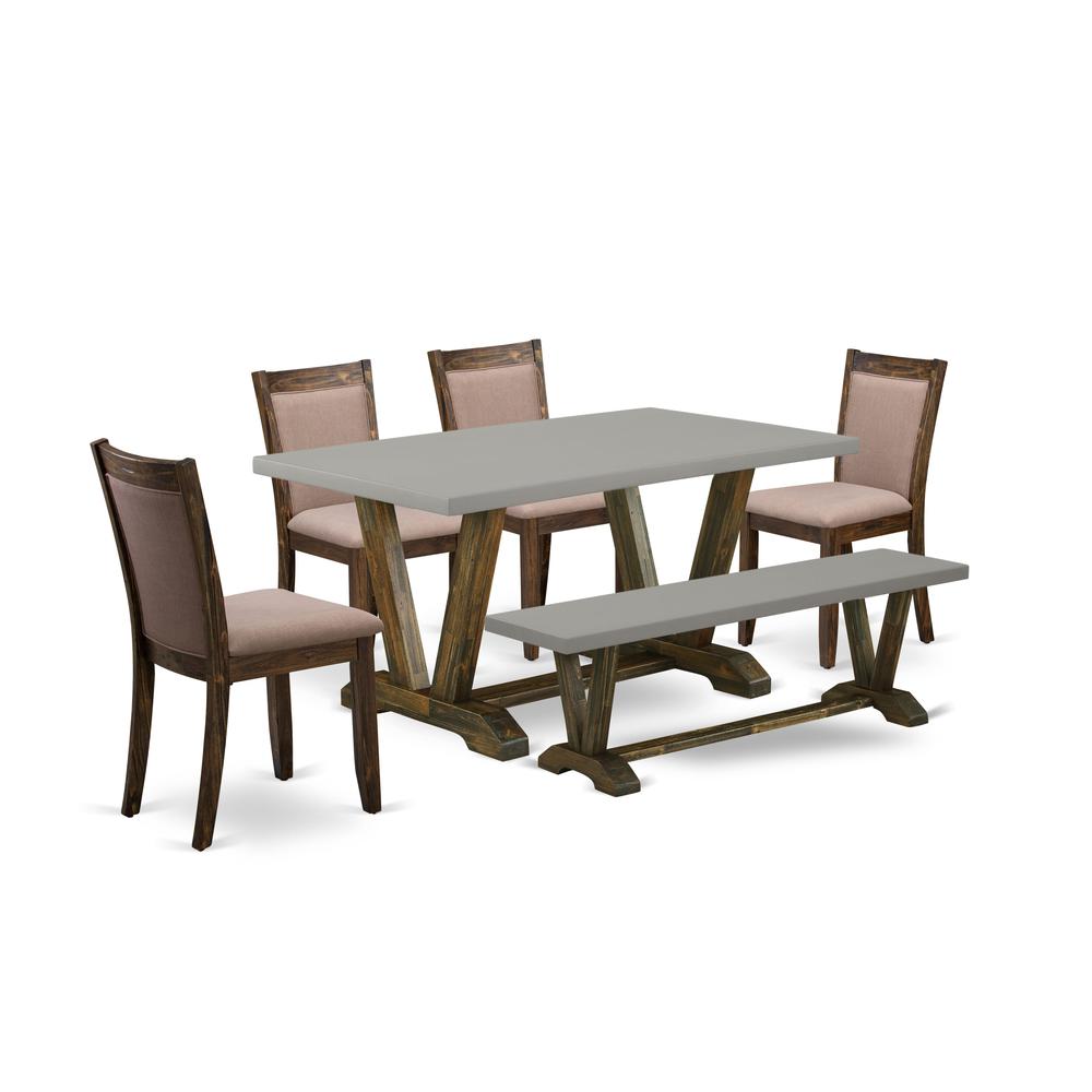 East West Furniture 6-Pc Dining Set - 4 dining room chairs, a Small Bench and 1 Kitchen Dining Table (Distressed Jacobean Finish)