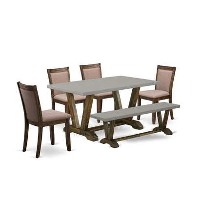East West Furniture 6-Pc Dining Set - 4 dining room chairs, a Small Bench and 1 Kitchen Dining Table (Distressed Jacobean Finish)