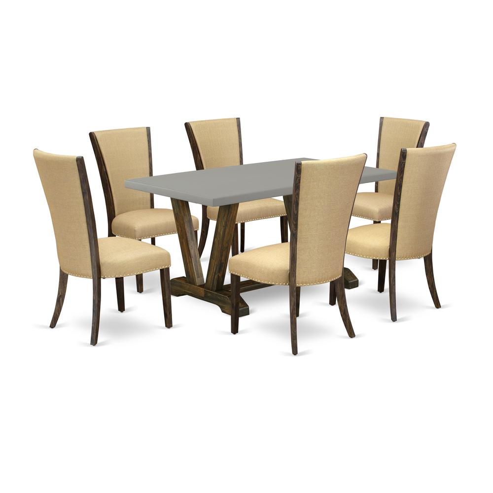 East West Furniture V796VE703-7 7Pc Dinette Sets for Small Spaces Includes a Rectangular Table and 6 Parson Dining Chairs with Brown Color Linen Fabric, Medium Size Table with Full Back Chairs, Distre