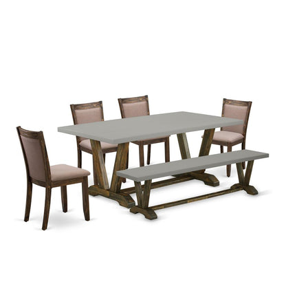 East West Furniture 6 Piece Kitchen Table Set- A Cement Top Wood Table in Trestle Base with Wood Bench and 4 Coffee Linen Fabrics Modern Chairs - Distressed Jacobean Finish