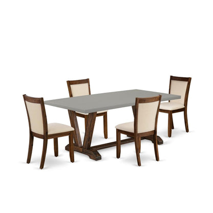 East West Furniture 5-Piece Modern Dining Set Consists of a Wooden Dining Table and 4 Light Beige Linen Fabric Dining Chairs with Stylish Back - Distressed Jacobean Finish