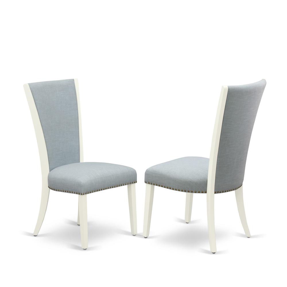 East-West Furniture CAVE5-LWH-15 - A wooden dining table set of 4 amazing indoor dining chairs with Linen Fabric Baby Blue color and a lovely mid-century dining table with Linen White color