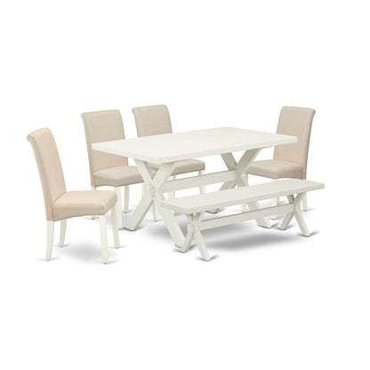 East West Furniture 6-Piece Stylish Dining Room Set an Outstanding Linen White dining table Top and 5 Stunning Linen Fabric Dining Chairs with High Roll Chair Back, Linen White Finish