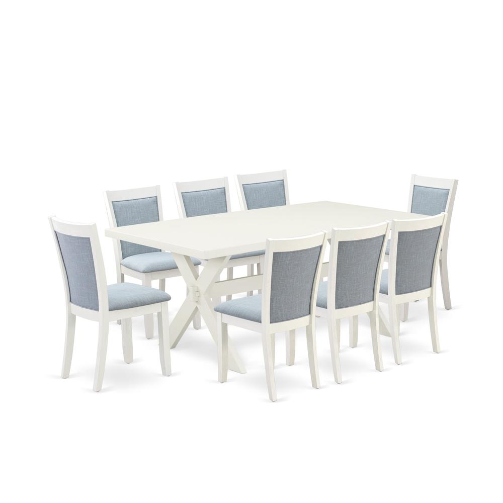 X027MZ015-9 9-Pc Modern Dining Table Set Includes a Dining Table and 8 Baby Blue Dining Chairs - Wire Brushed Linen White Finish