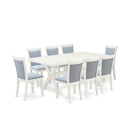 X027MZ015-9 9-Pc Modern Dining Table Set Includes a Dining Table and 8 Baby Blue Dining Chairs - Wire Brushed Linen White Finish