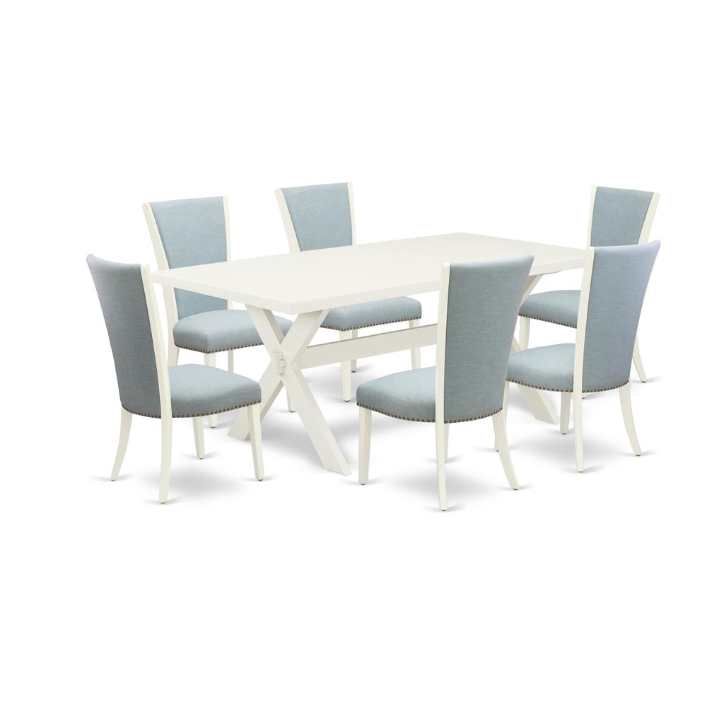 East West Furniture X027VE215-7 7 Piece Table Set - 6 Baby Blue Linen Fabric Upholstered Dining Chairs with Nail Heads and Linen White Wooden Table - Linen White Finish