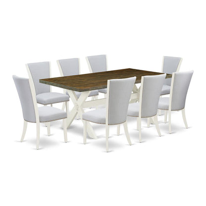 East West Furniture 9-Pc Dining Table Set Consists of 8 Dining Chairs with Upholstered Seat-Rectangular Rectangular Dining Table - Distressed Jacobean and Wirebrushed Linen White Finish