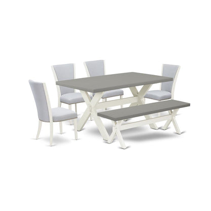 East West Furniture X096VE005-6 6 Piece Dining Table Set - 4 Grey Linen Fabric Dining Room Chair with Nailheads and Cement Kitchen Table - 1 Small Bench - Wire Brushed Linen White Finish