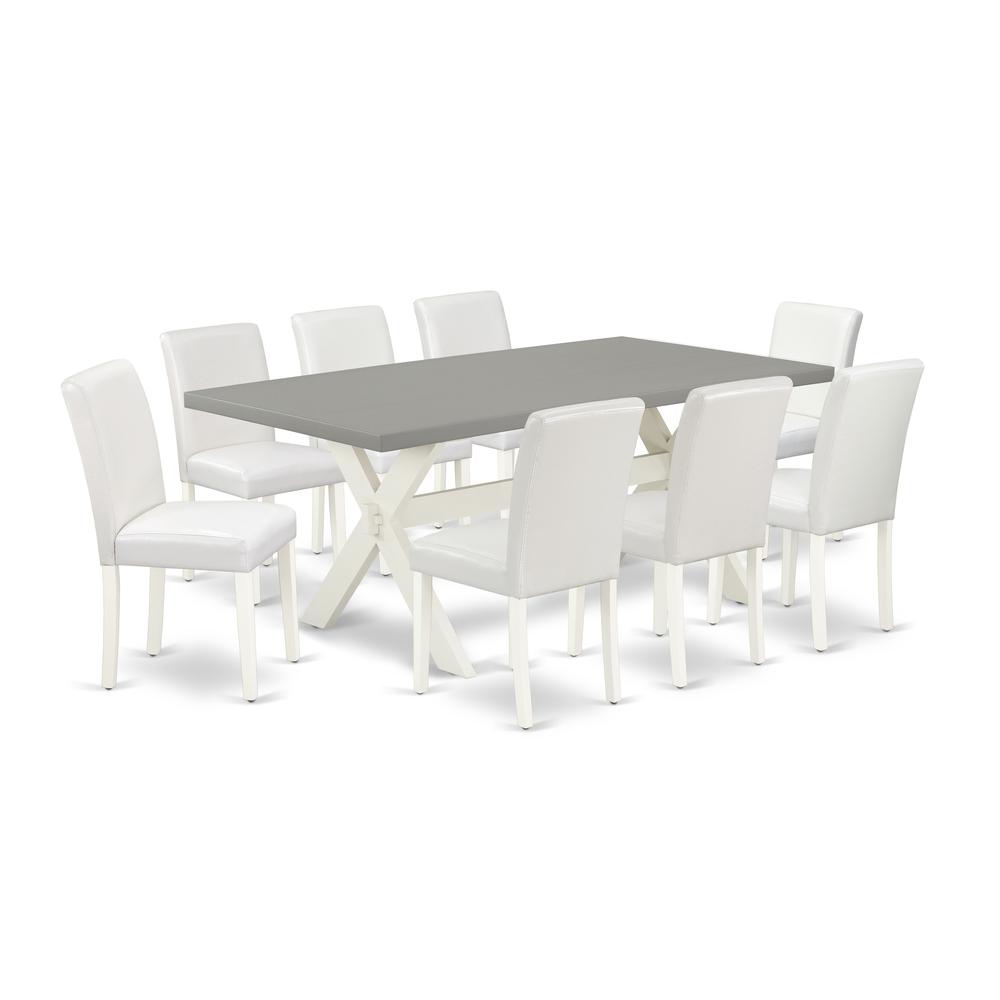 East West Furniture X097AB264-9 9-Piece Awesome Dining Set a Great Cement Color Kitchen Table Top and 8 Lovely Pu Leather Solid Wood Leg Chairs with Stylish Chair Back, Linen White Finish