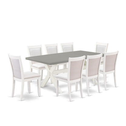 East West Furniture 9-Pc Dinner Table Set Consists of a Dining Room Table and 8 Cream Linen Fabric Dining Room Chairs with Stylish Back - Wire Brushed Linen White Finish