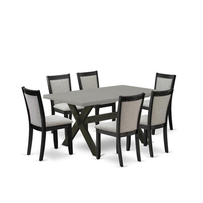 East West Furniture 7 Piece Dining Room Set - A Cement Top Wood Dining Table with Trestle Base and 6 Shitake Linen Fabric Wood Dining Chairs - Wire Brushed Black Finish