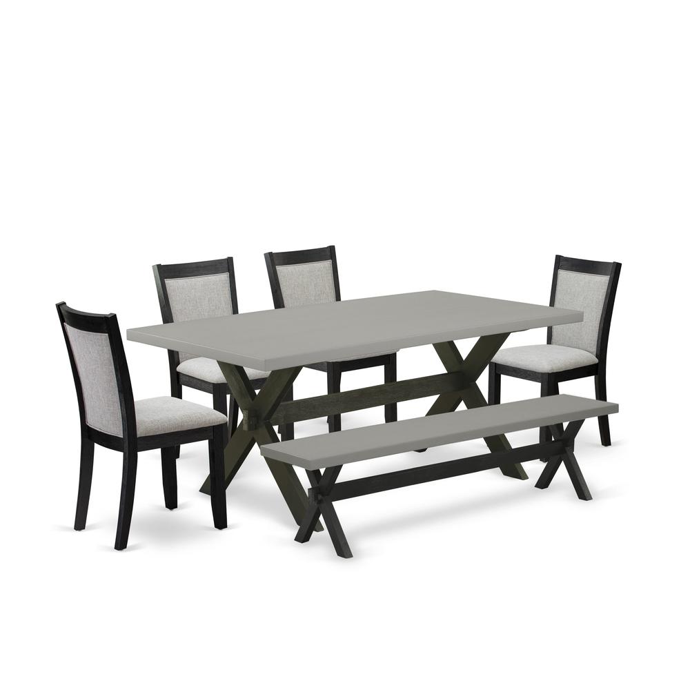 East West Furniture 6 Pc Dining Room Set - Cement Top Dining Table with a Wood Bench and 4 Shitake Linen Fabric Upholstered Kitchen Chairs - Wire Brushed Black Finish