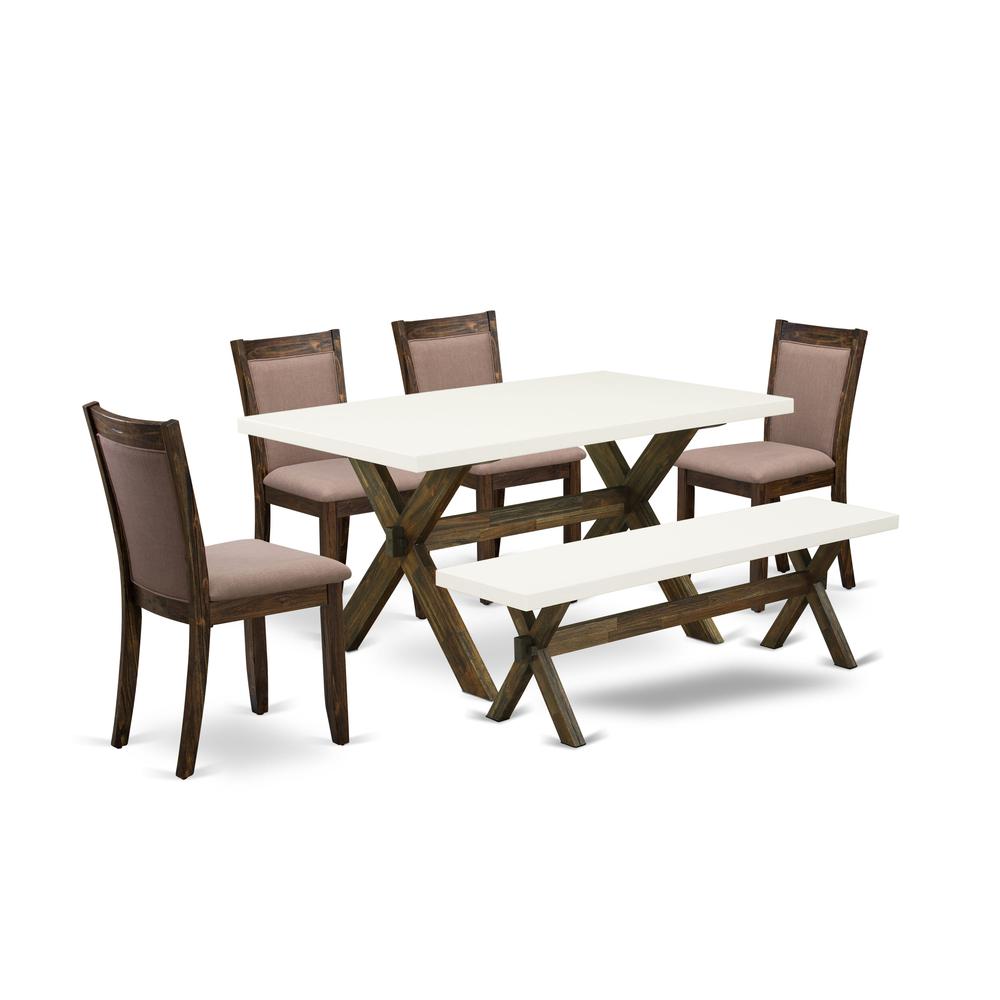 X726MZ748-6 - 6-Pc Dining Set - 4 Dining Chairs, a Wood Bench and 1 Modern dining room table - Linen White Finish