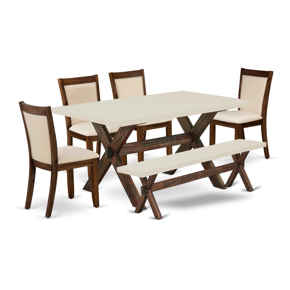 East West Furniture 6-Pc Dining Room Set Includes a Modern Table and a Small Bench with 4 Light Beige Linen Fabric Parson Dining Chairs with Stylish Back - Distressed Jacobean Finish