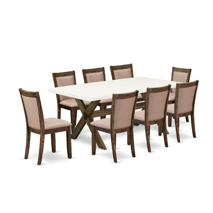 X727MZ716-9 9 Piece Innovative Dining Set - A Dinning Table with Trestle Base and 8 Kitchen Chairs - Distressed Jacobean Finish