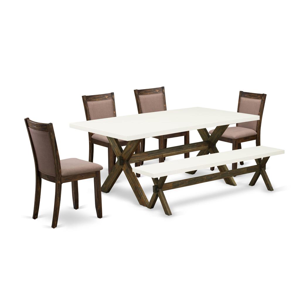 X727MZ748-6 6 Piece Dining Set- A Dinning Table in Trestle Base with Bench and 4 Coffee Dinner Chairs - Distressed Jacobean Finish