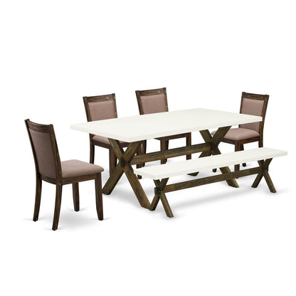 X727MZ748-6 6 Piece Dining Set- A Dinning Table in Trestle Base with Bench and 4 Coffee Dinner Chairs - Distressed Jacobean Finish