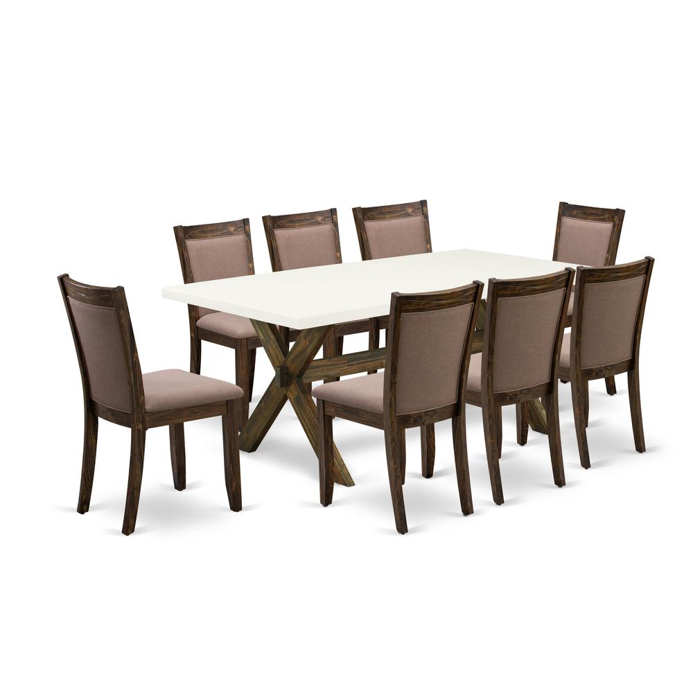 X727MZ748-9 9 Pc Innovative Dining Set - A Kitchen Table with Trestle Base and 8 Coffee Dining Chairs - Distressed Jacobean Finish