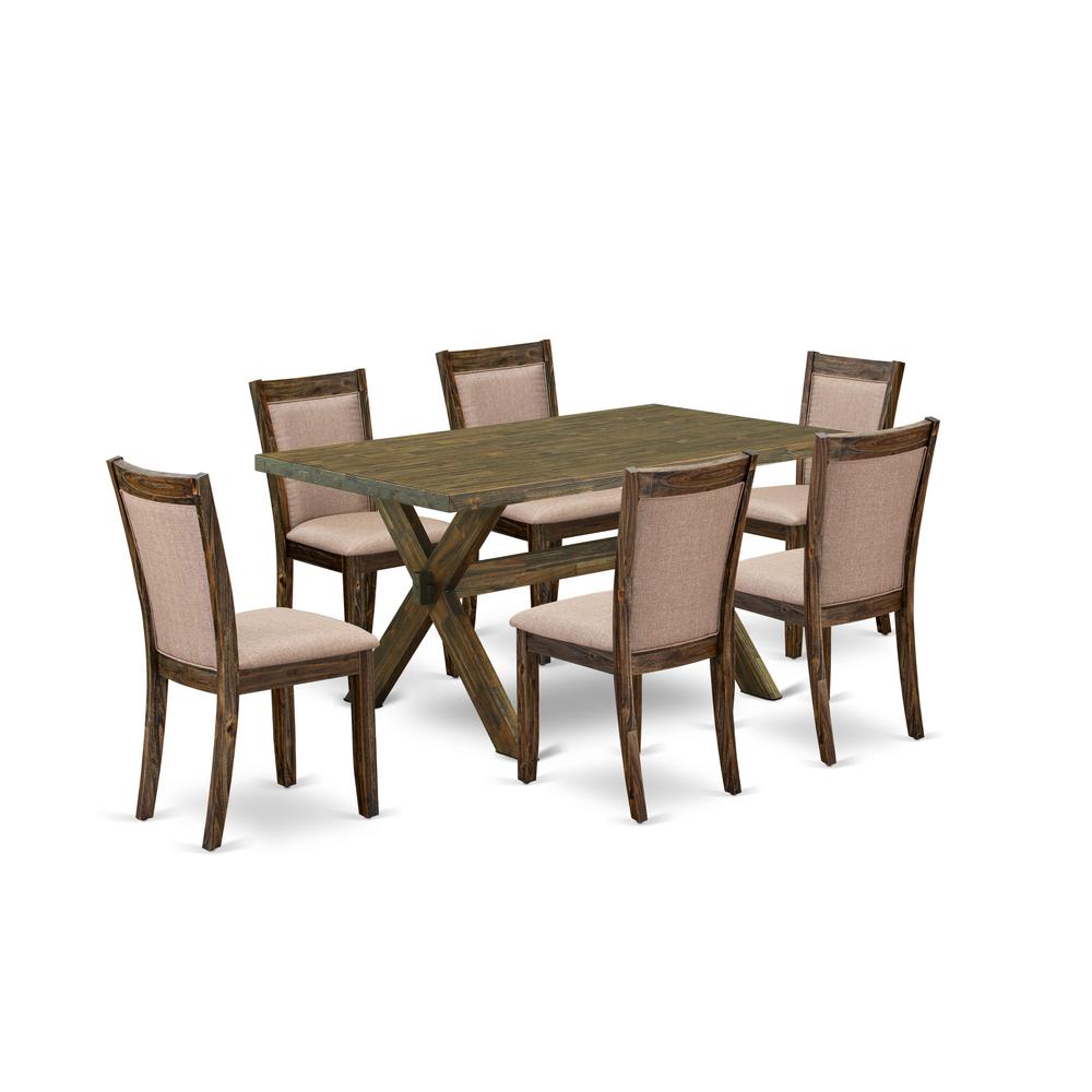 X776MZ716-7 7 Pc Modern Kitchen Dining Set - A Dining Table with Trestle Base and 6 Dining Chairs - Distressed Jacobean Finish