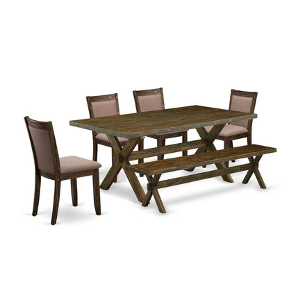 East West Furniture 6 Piece Dining Set- A Distressed Jacobean Top Wooden Table in Trestle Base with Small Wood Bench and 4 Coffee Linen Fabric Kitchen Chairs - Distressed Jacobean Finish