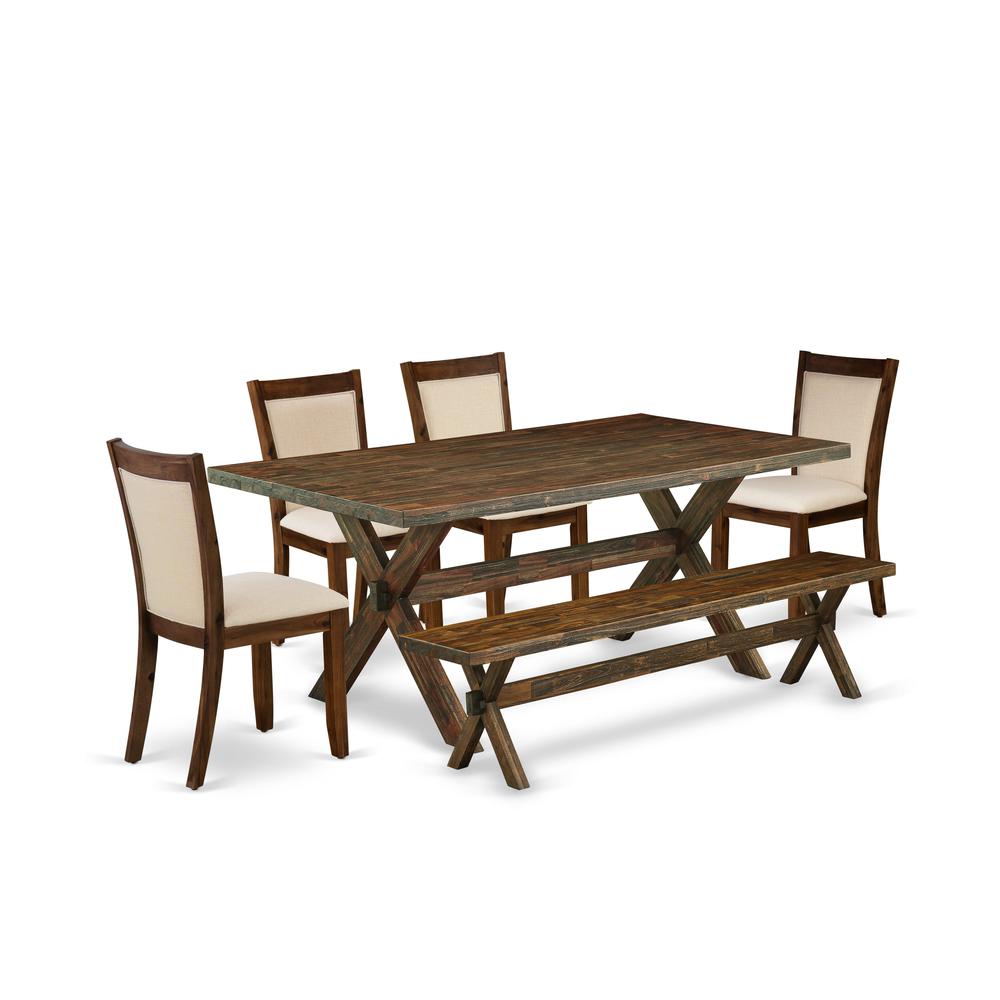 East West Furniture 6-Pc Mid Century Dining Set Consists of a Wood Table and a Dinner Bench with 4 Light Beige Linen Fabric Padded Chairs with Stylish Back - Distressed Jacobean Finish