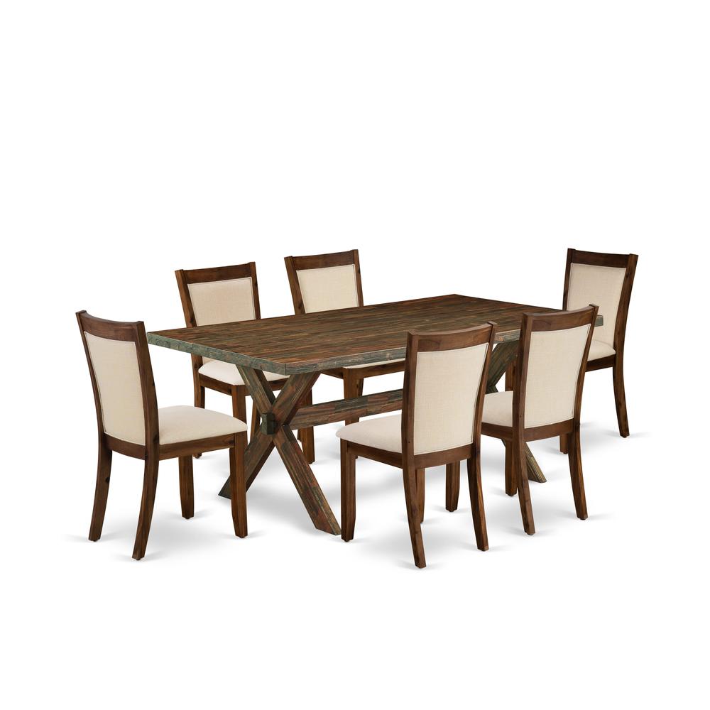 East West Furniture 7-Piece Dining Table Set Contains a Wooden Table and 6 Light Beige Linen Fabric Mid Century Dining Chairs with Stylish Back - Distressed Jacobean Finish