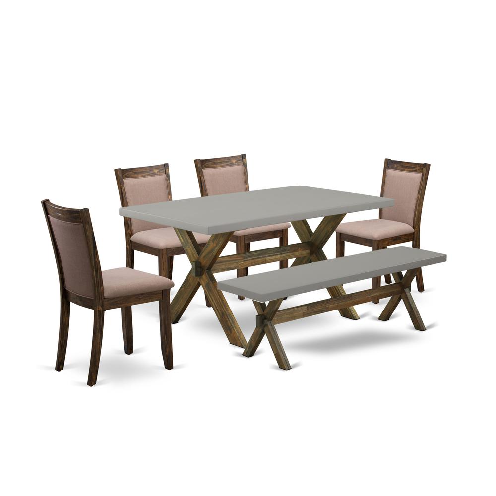 East West Furniture 6-Pc Dining Set - 4 Dining Chairs, a Dining Bench and 1 Dining Table (Distressed Jacobean Finish)