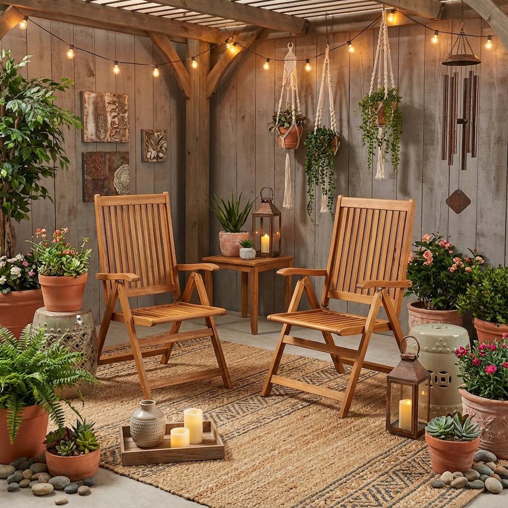 Wooden Patio Chair, Oil Finish Set of 2 - Durable Frame and Comfortable Seating
