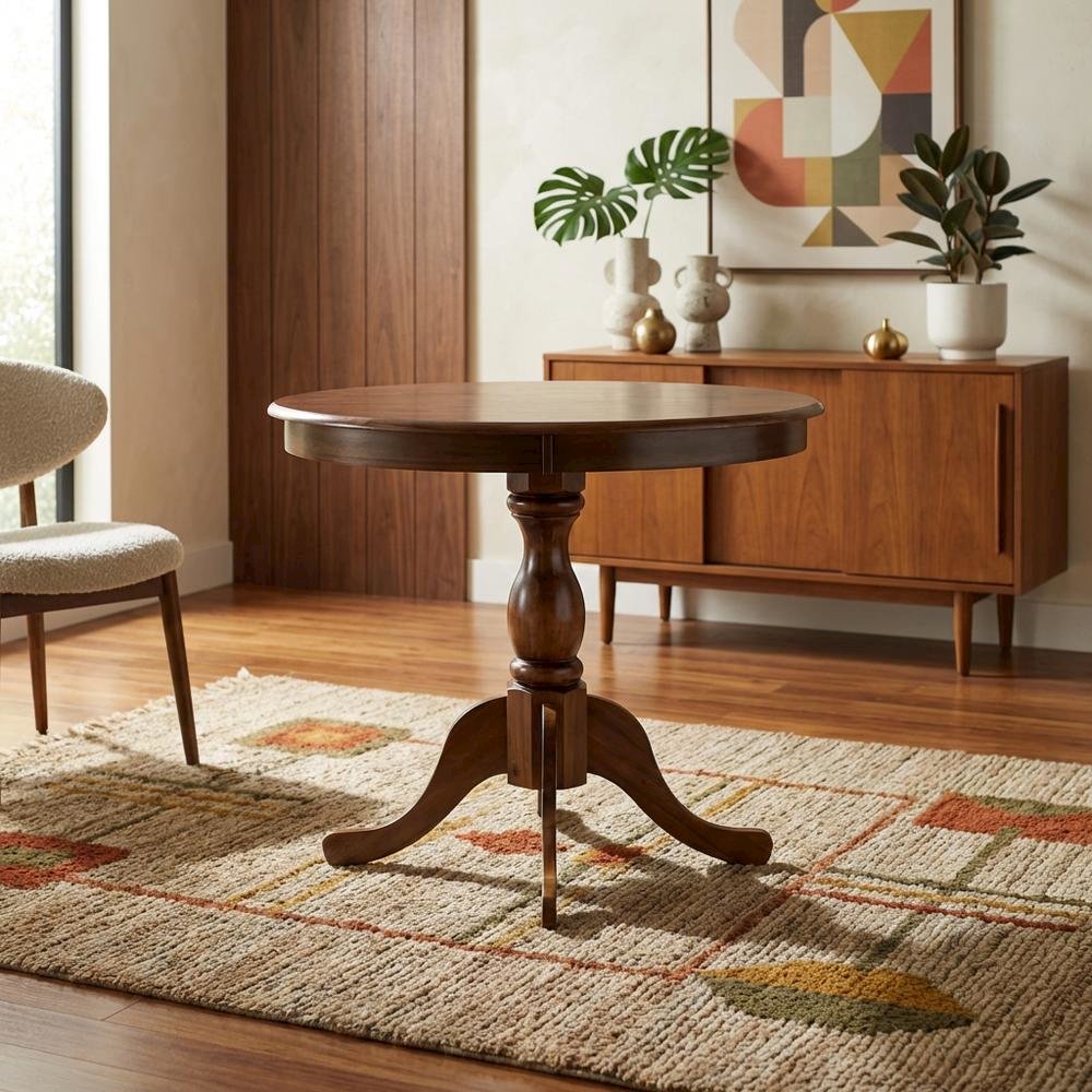 36 Inch Round Wood Dining Table in Walnut – Solid Pedestal Kitchen Table