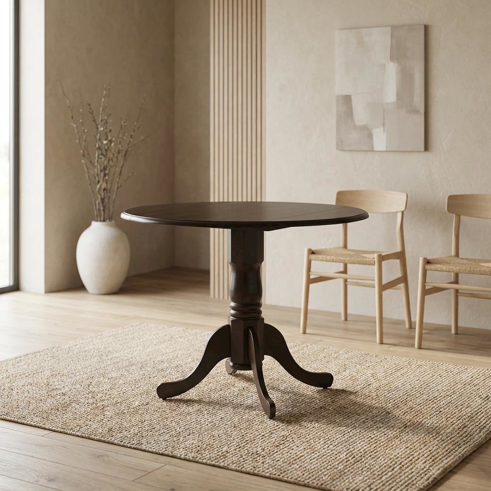 Saddle Brown Drop Leaf Round Table, Pedestal Base, Seats 4