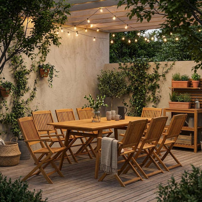 Wood-Tone Oil 9-Piece Patio Set with 8 Armchairs and Rectangle Table Wood Legs
