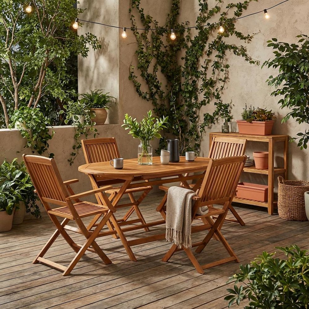 Oil-Finish Wooden Patio Set with Dining Table and 4 Outdoor Chairs