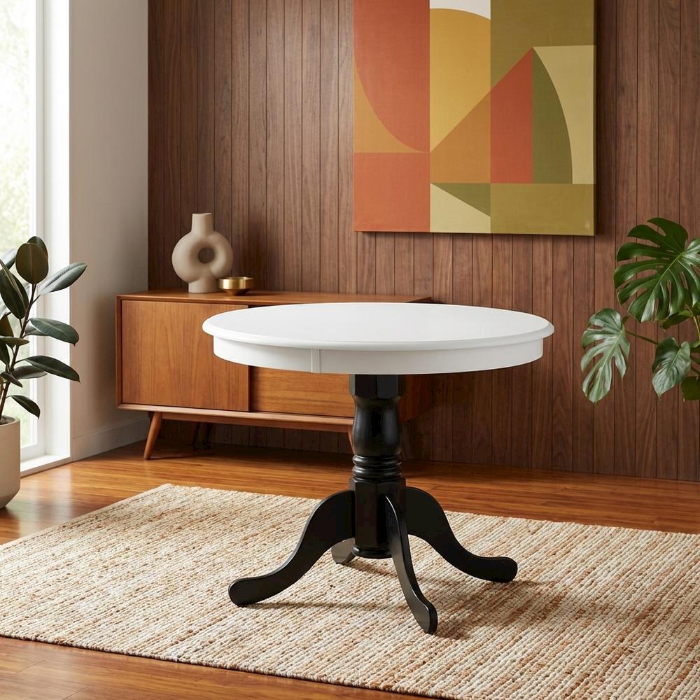 Linen White Round Pedestal Dining Table, Traditional, Seats 4