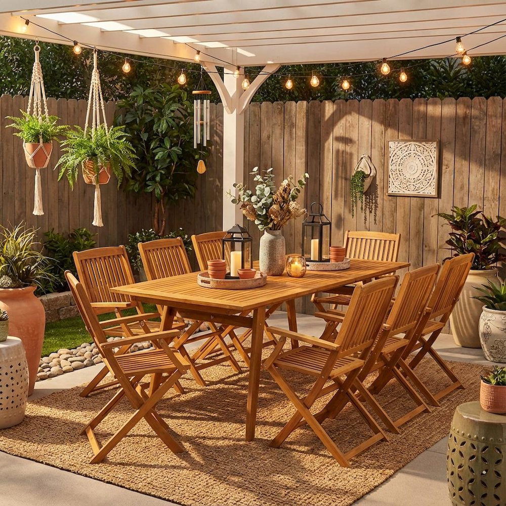 Wood-Tone Oil 9-Piece Patio Set with 8 Armchairs and Rectangle Table Wood Legs