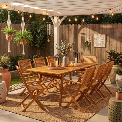 Wood-Tone Oil 9-Piece Patio Set with 8 Armchairs and Rectangle Table Wood Legs