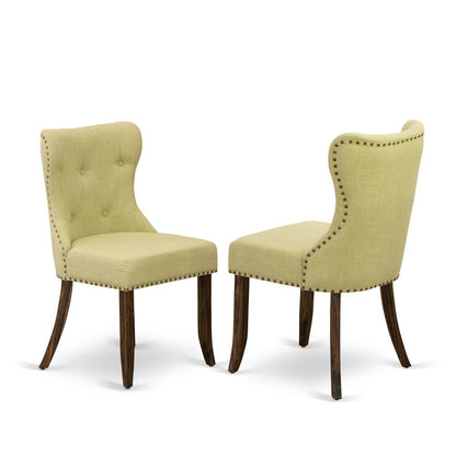 East West Furniture 5-Pc Dining Kitchen Table Set-Limelight Linen Fabric Seat and Button Tufted Back Parson Dining Room Chairs and Rectangular Top Dining Table with Solid Wood Legs - Cement and Distre