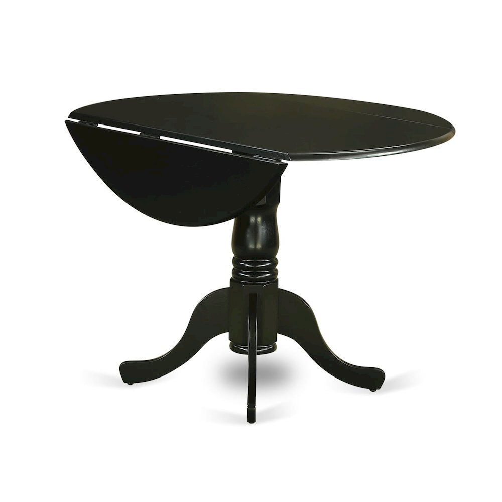Round Table, Two 9" Drop Leaves, Black Finish, Solid Wood, Space Saving