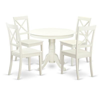 5-Piece Dining Set, Pedestal Table, 4 Wood Chairs, Linen White Finish, Classic