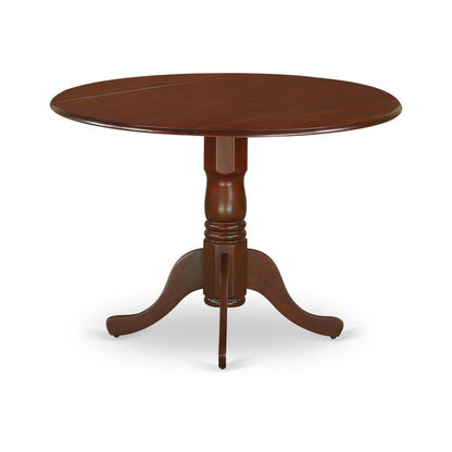 Round Table, Two 9" Drop Leaves, Mahogany Finish, Solid Wood, Compact Size