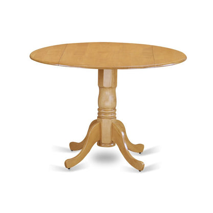 Round Table, Two 9" Drop Leaves, Oak Finish, Solid Wood, Space Efficient