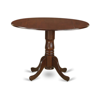 Round Table, Two 9" Drop Leaves, Mahogany Finish, Solid Wood, Compact Size