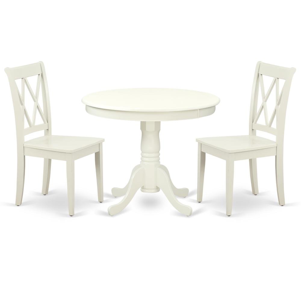 Wood Round Kitchen Table & Chairs 3-Piece, Pedestal Base, Linen White