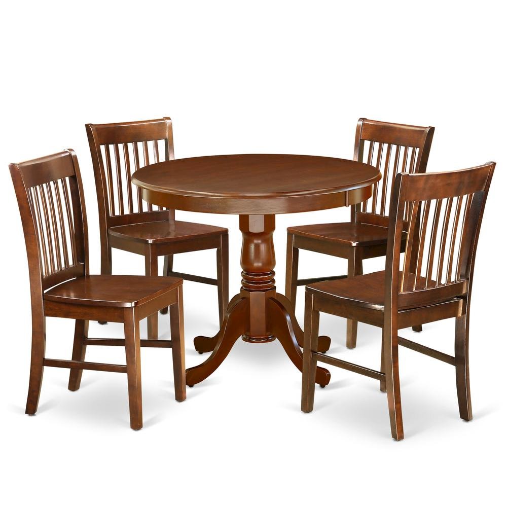 Mahogany Dining Set, Round Pedestal Table, Wooden Seat Chairs, 4-Person
