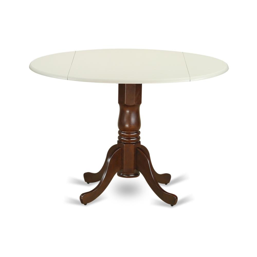 Round Dining Table, Drop Leaves, Linen White & Mahogany, Pedestal Base