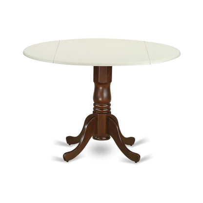 Round Dining Table, Drop Leaves, Linen White & Mahogany, Pedestal Base