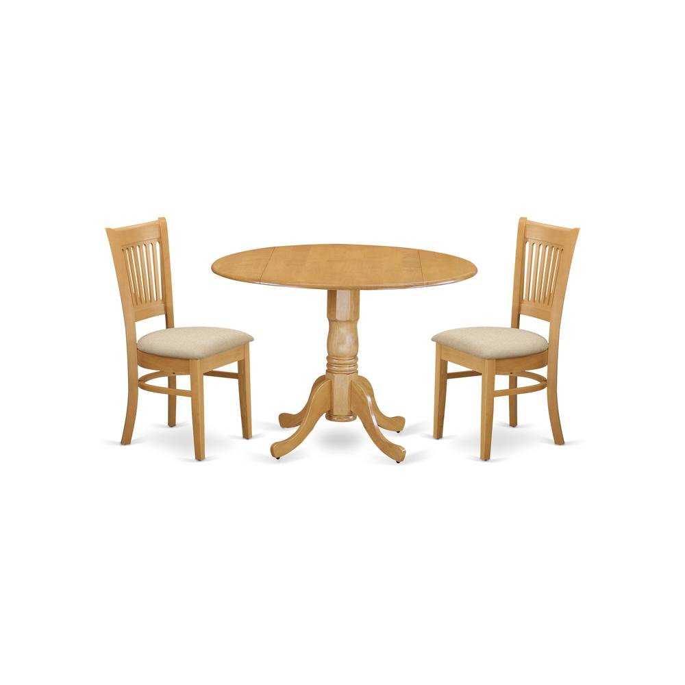 3-Piece Mid-Century Dining Set, Drop Leaf Table, 2 Linen Fabric Chairs, Oak